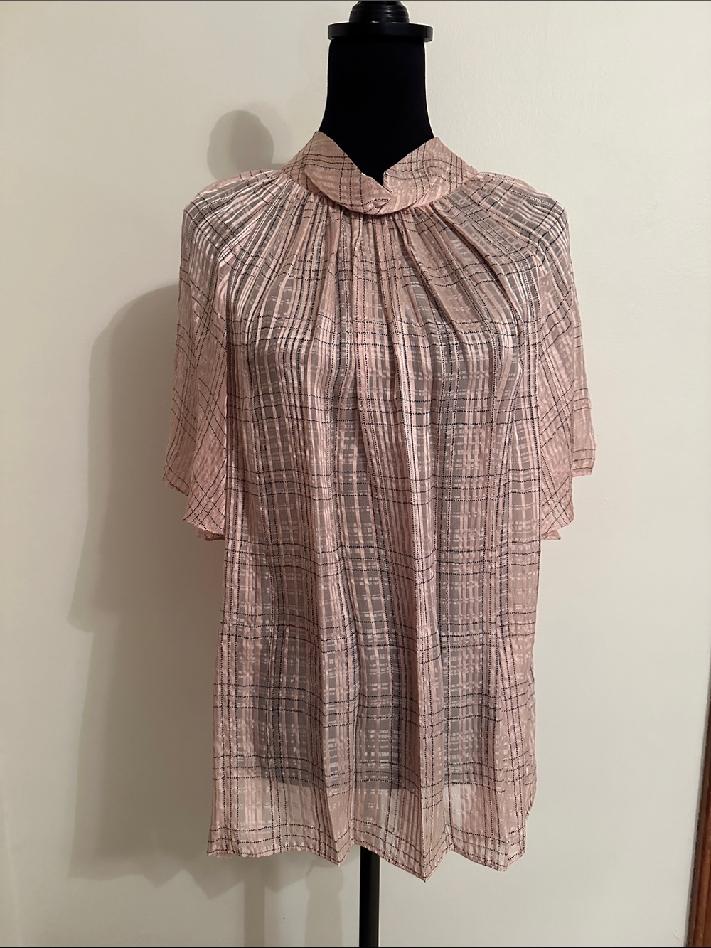 Rebecca Taylor Blush Plaid Pleated Neck Blouse